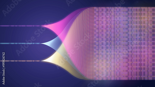 Obraz na płótnie Data flow with colored streams showing binary information moving through a netwo