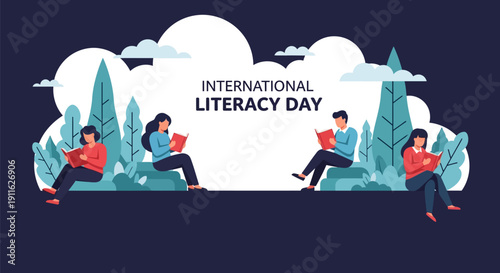 International Literacy Day Illustration: Diverse People Reading Books Outdoors. Global Education Promotion and Knowledge Concept Vector.