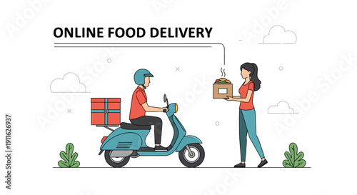 Online Food Delivery Service Illustration. Courier Riding Scooter Delivering Hot Meal to Customer.