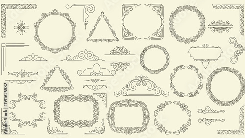 Collection of vintage decorative frames and ornamental corner elements are displayed in a classic style on a light background.