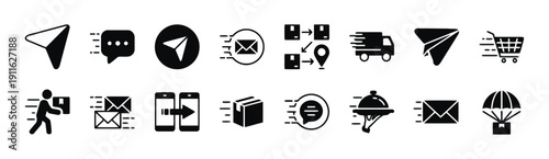 Delivery and shipping icons representing fast transport of packages, mail, and goods with trucks and drones