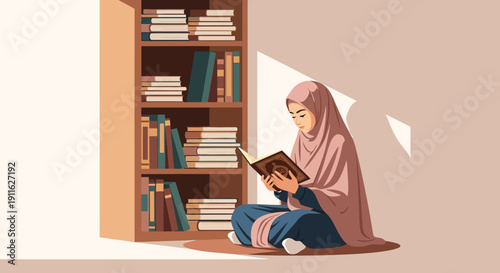 Muslim woman in hijab reading a book by a bookshelf, learning, knowledge, calm atmosphere
