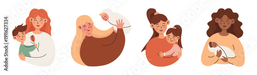 Motherhood illustration set with diverse moms and children characters. Happy family love concept. Vector in flat style