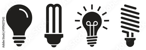 Different types of light bulbs including incandescent, fluorescent and led lighting symbols