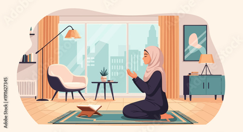 Muslim Woman Praying at Home with Quran on Stand, City View