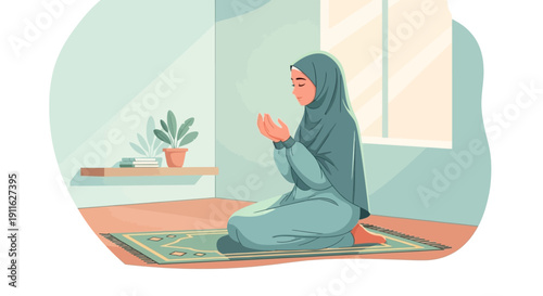 Muslim Woman Praying at Home, Peaceful Islamic Devotion, Female in Hijab