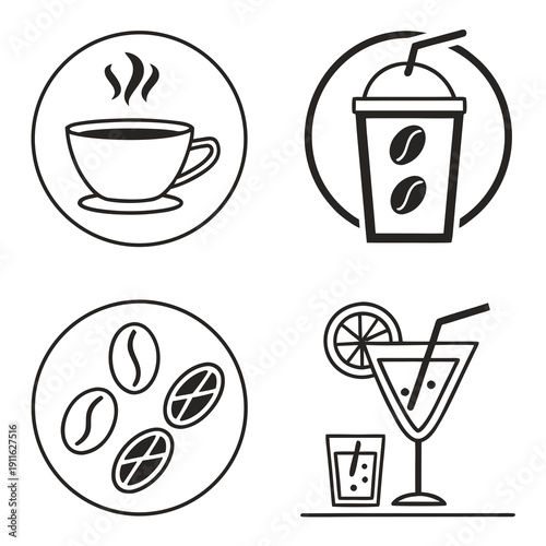 Assorted beverages including tea, coffee, soda, and cocktails Vector