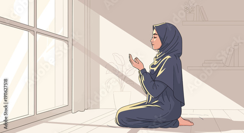 Muslim Woman Praying by Window with Sunlight Rays