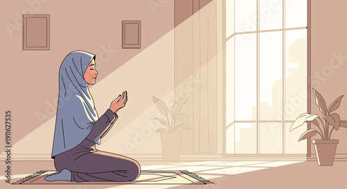 Muslim Woman Praying During Sunrise, Peaceful Devotion in Light-Filled Room