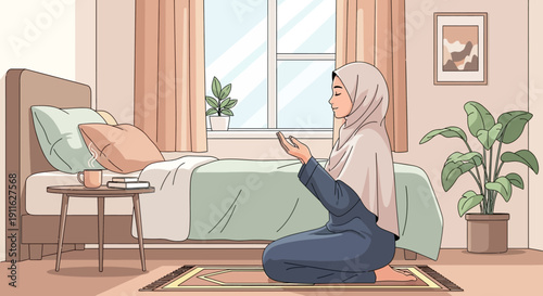 Muslim Woman Praying in Bedroom - Islamic Devotion and Spirituality