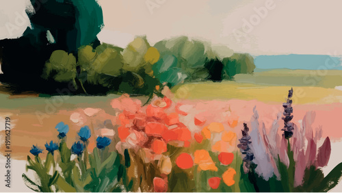 A vibrant, impressionistic painting of wildflowers in a sunlit meadow.