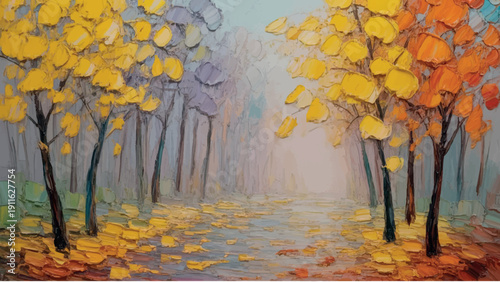 An impressionistic painting of a forest path bathed in autumn colors and light.