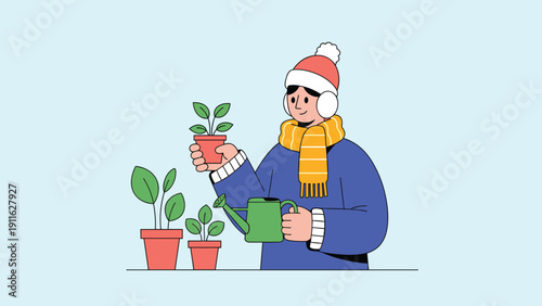 Man dressed in warm winter clothing waters several small potted plants using a green watering can on a light blue background.