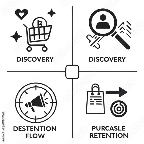 Icons representing various stages and aspects of a journey, including discovery, destination, and more. Vector