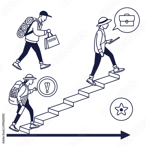 Illustration of a person climbing a staircase with various challenges and rewards. Vector