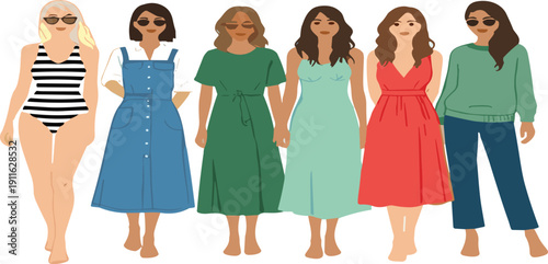 Diverse women fashion portrait vector illustration set featuring modern female outfits and stylish body positive characters