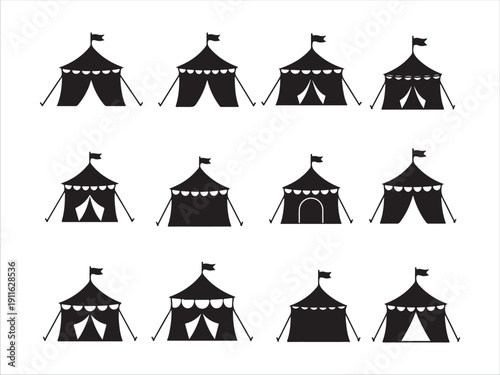 Set of various circus tents with different entrance styles isolated design