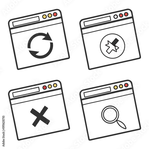 Four distinct icons representing different computer functions and actions Vector
