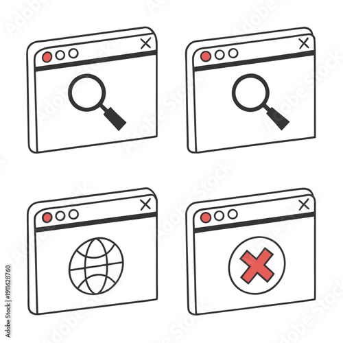 Four windows illustrating different states of website functionality and accessibility Vector