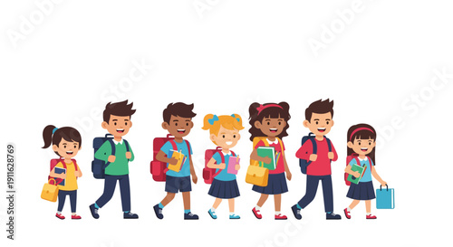 Diverse Group of Happy Elementary School Students Walking with Backpacks and Books. Back to School Kids Vector Illustration.