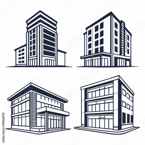 Diverse architectural styles of modern buildings showcased in a single image Vector