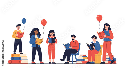 Diverse Group of Readers Enjoying Books. Education, Literacy, and Community Learning Concept Vector Illustration Isolated on White.