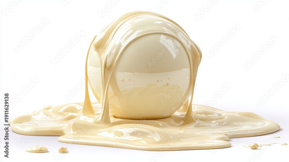 Fototapeta premium 3D illustration of molten white chocolate flow over a rounded form with a flat ground plane