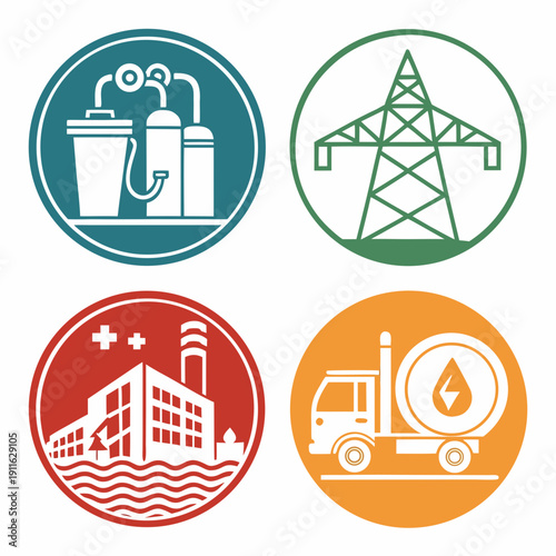 Icons representing various types of utilities and services including water, electricity, gas, and waste management. Vector