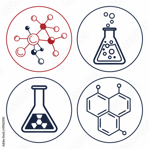 Scientific symbols representing various aspects of chemistry and chemical reactions. Vector