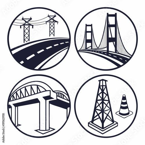 Four distinct images representing various types of bridges and infrastructure Vector