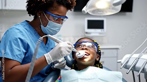 Female dental professional examining a young girl's teeth in a clinic.