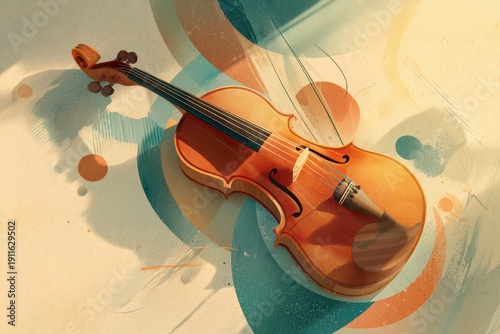 Abstract violin on a wooden table: warm light and painterly background