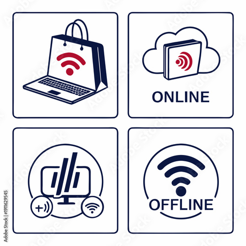 Icons representing online and offline status for different devices and services Vector