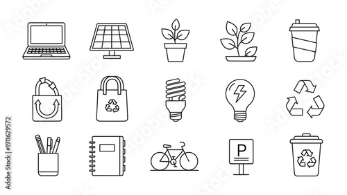 Eco-Friendly Icons: A collection of meticulously crafted line icons representing sustainable practices, renewable energy, and eco-conscious lifestyle choices.