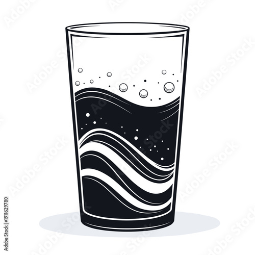 Glass of dark beverage with bubbles and wavy design pattern  