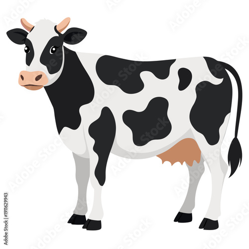 Colorful vector illustration of a domestic dairy cow with black and white spots, isolated on white background. Farm animal mascot for agriculture branding, food packaging, labels, logos, banners
