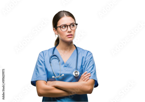 Professional woman wearing blue scrubs and glasses with arms crossed isolated on transparent background