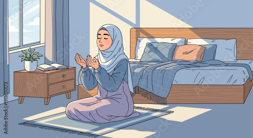 Muslim Woman Praying in Bedroom During Sunrise, Islamic Devotion