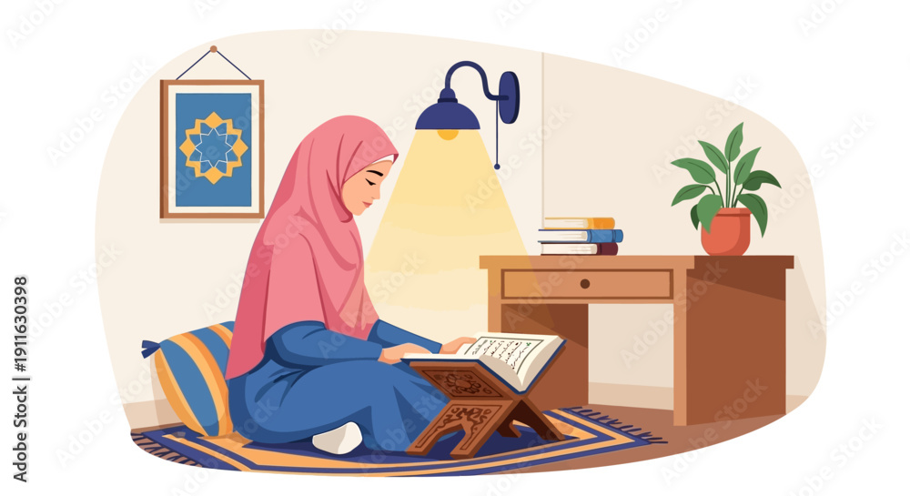 Fototapeta premium Muslim Woman Reading Quran at Home, Studying Holy Book