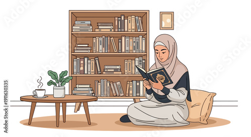 Muslim woman reading book in cozy room with bookshelf and coffee