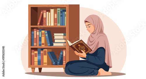 Muslim Woman Reading Book Near Bookshelf, Education and Knowledge Concept