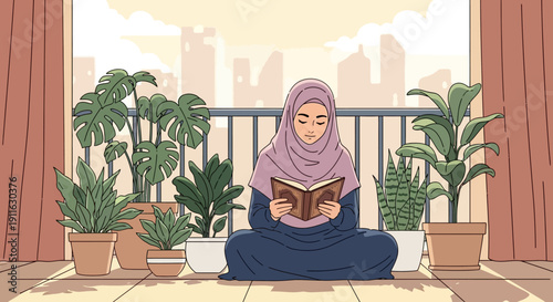 Muslim woman reading book on balcony with plants and city view