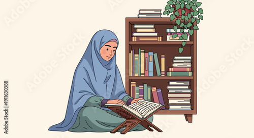 Muslim Woman Reading Holy Book in Hijab, Sitting by Bookshelf
