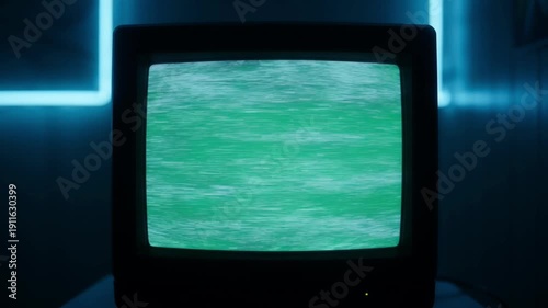 Old Television Set with Static Noise in Retro Style with Neon Lighting on Dark Background for Nostalgic Technology