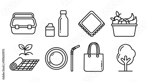 Eco-friendly Picnic Essentials: An illustrated array of essential items for an eco-conscious picnic, promoting sustainable practices and enjoyment of nature.