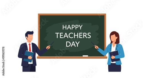 Happy Teachers Day Banner: Male and Female Educators with Pointers Standing Next to Chalkboard. Flat Vector Illustration.