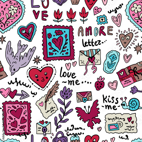 Seamless pattern for Valentine's Day. Love letters. Vector background with symbols of lovers. Hearts, messages, correspondence.