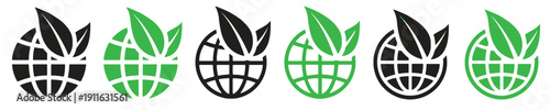 Eco friendly globe icons with leaves symbolizing environmental protection, sustainability, and green living