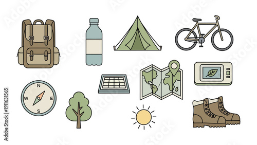 Camping Essentials: A charming illustration showcases essential camping gear, inviting viewers to imagine the serenity and adventure of the great outdoors.
