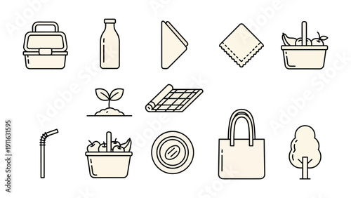Eco-Friendly Essentials: A collection of line-art icons represents essential items for an eco-conscious lifestyle, emphasizing sustainability, responsible consumption, and environmental protection.